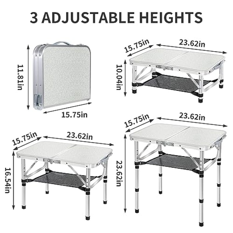 MYCOQU 소형 접이식 캠핑 테이블, 3개 높이 조절 가능한 휴대용 캠프 테이블, 2피트 24'L x 16'W 메쉬 레이어가 있는 알루미늄 경량 피크닉 테이블, 야외 실내 발코니 캠프 피크닉 해변 바베큐용