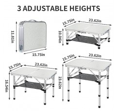 MYCOQU 소형 접이식 캠핑 테이블, 3개 높이 조절 가능한 휴대용 캠프 테이블, 2피트 24'L x 16'W 메쉬 레이어가 있는 알루미늄 경량 피크닉 테이블, 야외 실내 발코니 캠프 피크닉 해변 바베큐용