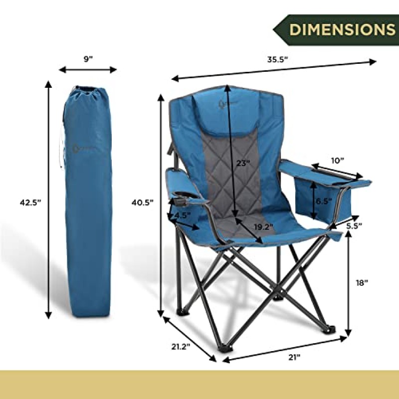 ARROWHEAD 야외 휴대용 접이식 캠핑 쿼드 체어, 6캔 쿨러, 컵 및 와인잔 홀더, 견고한 휴대용 가방, 패딩 처리된 팔걸이, 머리 받침 및 좌석, 최대 450lbs 지원, 미국 기반 지원