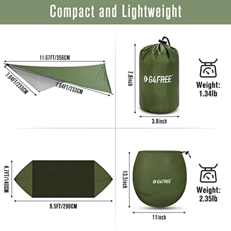 모기장과 비 플라이가 있는 G4Free 대형 캠핑 해먹- 벌레 그물과 텐트 방수포, 야외 하이킹 캠핑 배낭 여행을 위한 해먹 텐트가 있는 2인 휴대용 해먹