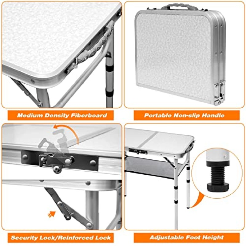 접이식 테이블 소형 경량 휴대용 알루미늄 캠핑 테이블 피크닉 요리 해변, 2피트 및 3 높이를 위한 조절 가능한 높이 다리가 있는 미니 접이식 테이블