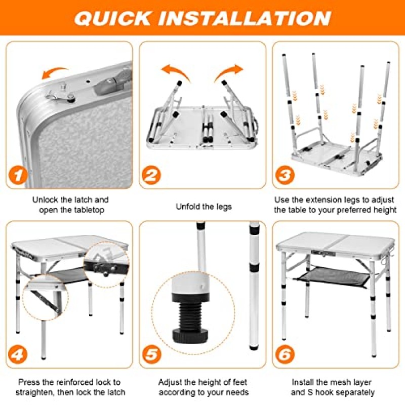접이식 테이블 소형 경량 휴대용 알루미늄 캠핑 테이블 피크닉 요리 해변, 2피트 및 3 높이를 위한 조절 가능한 높이 다리가 있는 미니 접이식 테이블