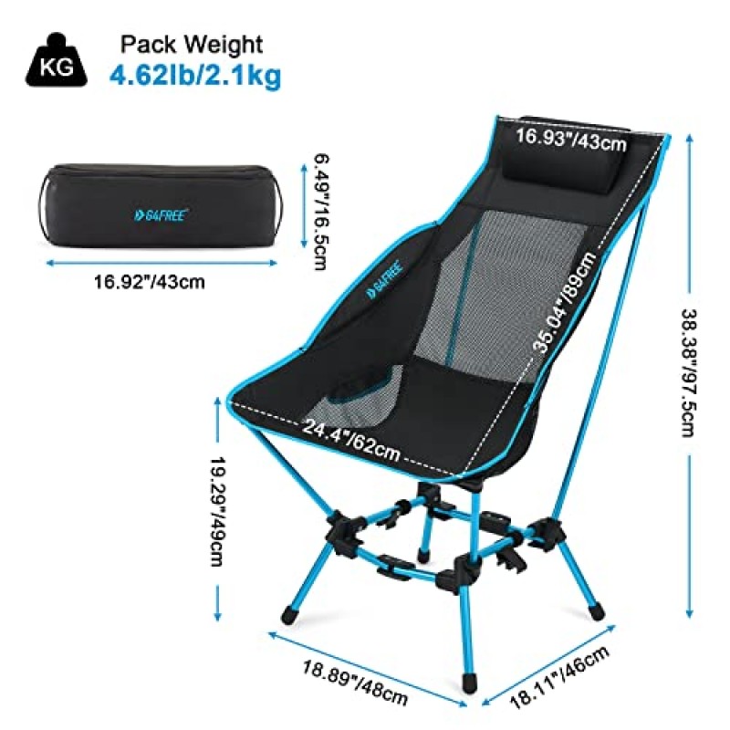 G4Free 접이식 캠프 의자 탈착식 베개, 사이드 포켓 ​​및 휴대용 가방이 포함된 하이백 경량 캠핑 의자, 야외 하이킹 배낭 여행 해변 피크닉 여행을 위한 소형 및 헤비 듀티 385lbs