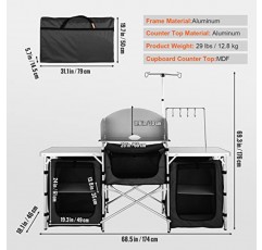 VBENLEM 캠핑 주방 테이블, 바람막이 유리가 있는 알루미늄 휴대용 접이식 캠프 쿡 테이블, 찬장 3개, 수납 정리함, 야외 피크닉 해변 파티 요리를 위한 빠른 설치, 블랙