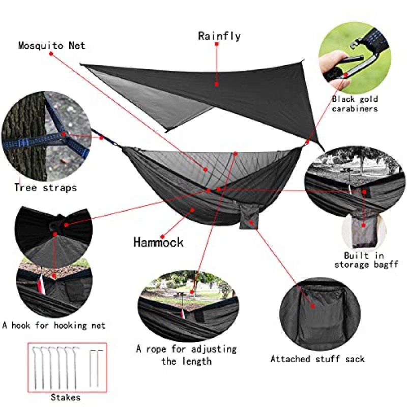 대형 비 타포린 모기장이 있는 캠핑 해먹 비 플라이 헤비 듀티 트리 스트랩 싱글 더블 해먹 텐트 방수 레인플라이 세트 캠핑 배낭 뒷마당 파티오 하이킹 여행 야외