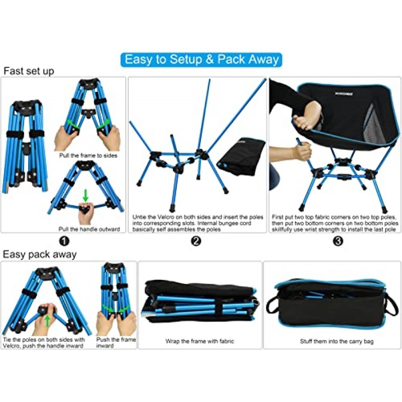 MARCHWAY 경량 접이식 캠핑 의자, 야외 캠프, 여행, 해변, 피크닉, 축제, 하이킹, 배낭 여행을 위한 안정적인 휴대용 컴팩트, 330Lbs 지원(블루)