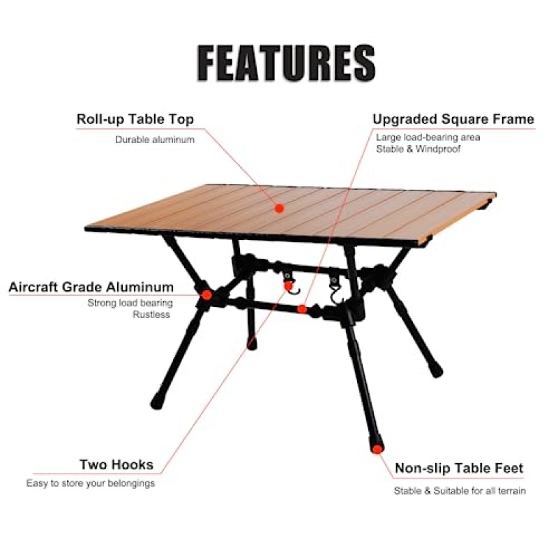 HOMFUL 캠핑 테이블 알루미늄 분리형 롤업 상단 조정 가능한 높이 Protable 접이식 테이블(야외, 캠핑, 피크닉, 하이킹, 요리, 해변, 여행, 바베큐용 보관 가방 포함)