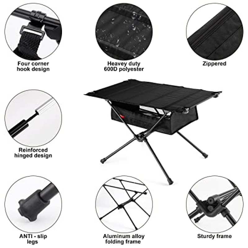 메쉬 스토리지가 있는 Odoland 야외 접이식 테이블 오버랜드 주방 캠핑 가제트 피크닉 하이킹 배낭 블랙을 위한 운반용 가방이 있는 휴대용 캠핑 장비