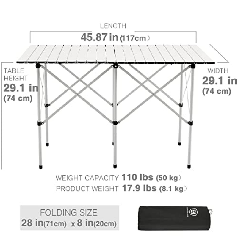 EVER ADVANCED 캠핑 테이블, 접이식 경량, 4-6인용 휴대용 롤업 알루미늄 테이블, 야외용 휴대용 가방 포함, 흰색