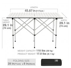 EVER ADVANCED 캠핑 테이블, 접이식 경량, 4-6인용 휴대용 롤업 알루미늄 테이블, 야외용 휴대용 가방 포함, 흰색