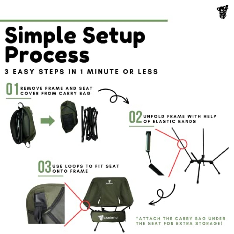 Koalanu 헤비 듀티 접이식 캠핑 잔디 의자, 탄력 있는 사이드 포켓, 경량 휴대용 컴팩트 330lb 부하 편안한 야외 캠핑 하이킹
