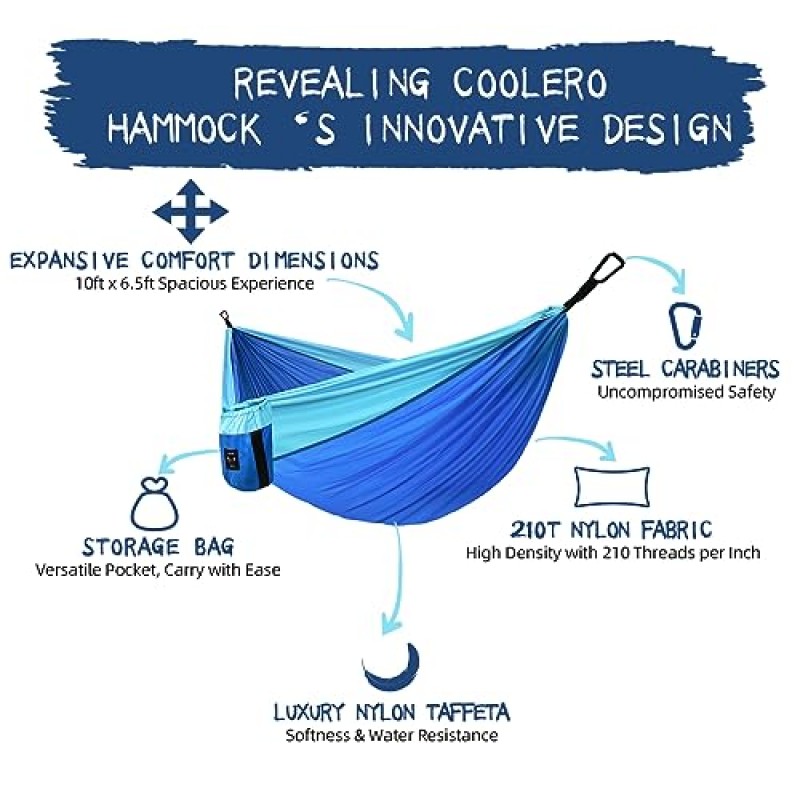Coolero 전복 방지 캠핑 해먹 나무 친화적인 스트랩과 운반용 가방이 부착된 더블 해먹 야외, 실내, 배낭 여행, 하이킹, 여행용 휴대용 2인 캠핑 액세서리(블랙 & 그레이)