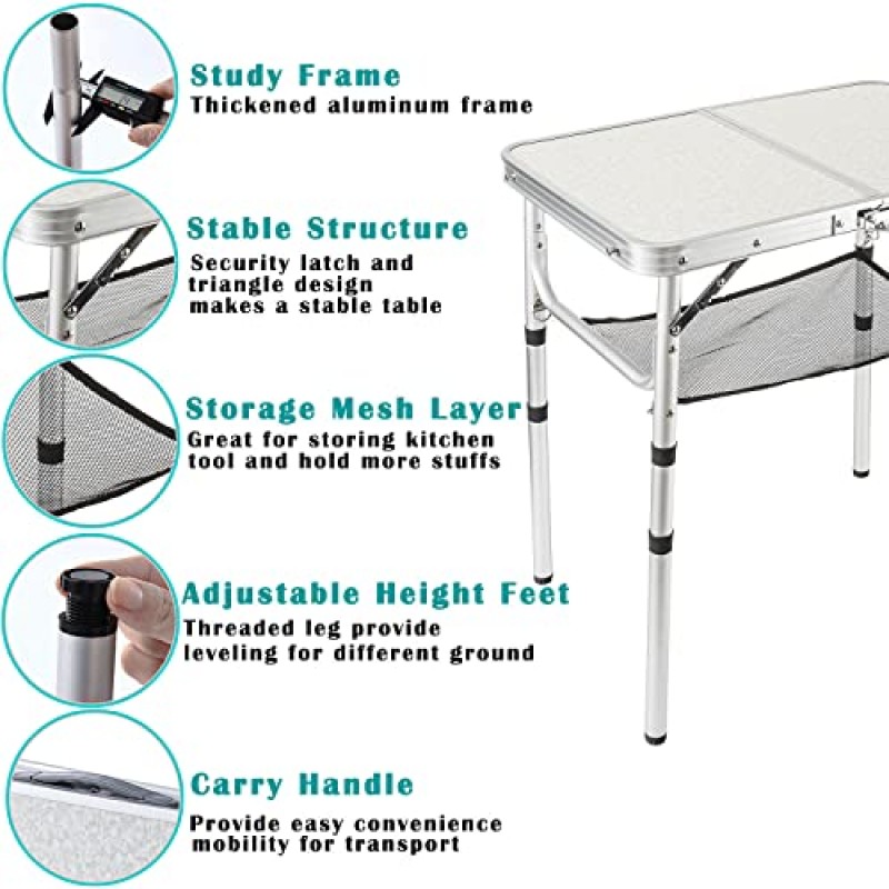 YihuiKo 메쉬 층이 있는 조절 가능한 높이 캠핑 테이블, 23.6