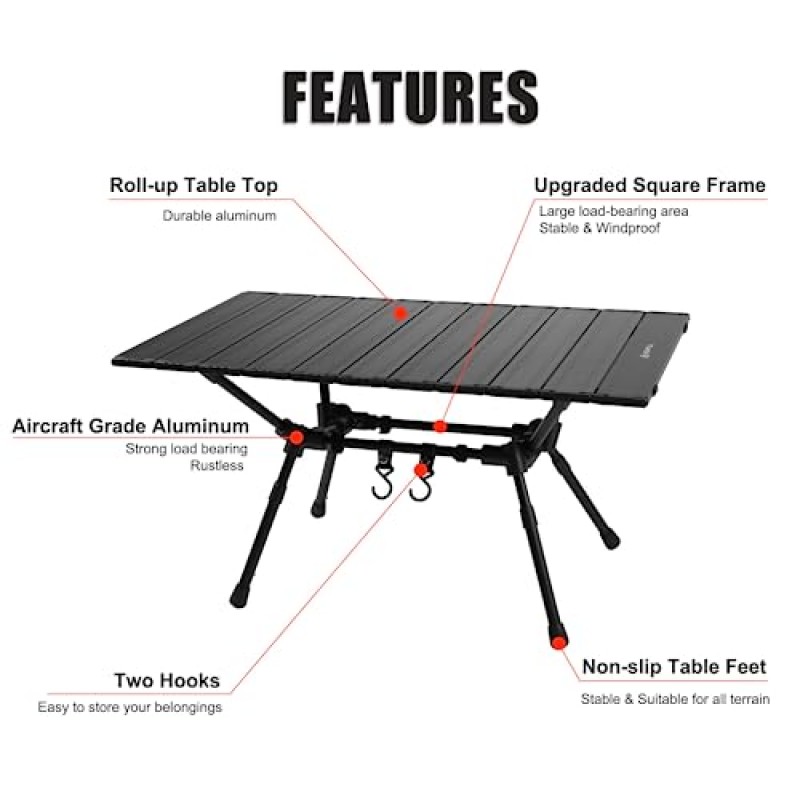 HOMFUL 캠핑 테이블 알루미늄 분리형 롤업 상단 조정 가능한 높이 Protable 접이식 테이블(야외, 캠핑, 피크닉, 하이킹, 요리, 해변, 여행, 바베큐용 보관 가방 포함)