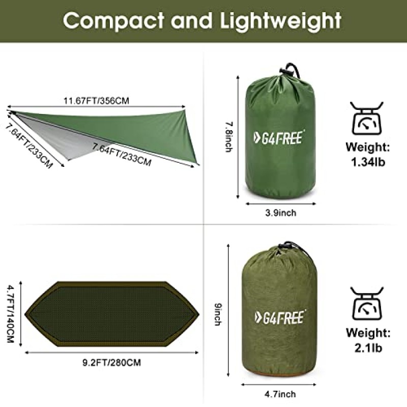 그물과 비가 내리는 G4Free 캠핑 해먹- 방수포가 있는 휴대용 해먹 텐트, 캠핑 하이킹 뒷마당 야외 배낭 여행을 위한 2인 경량 해먹