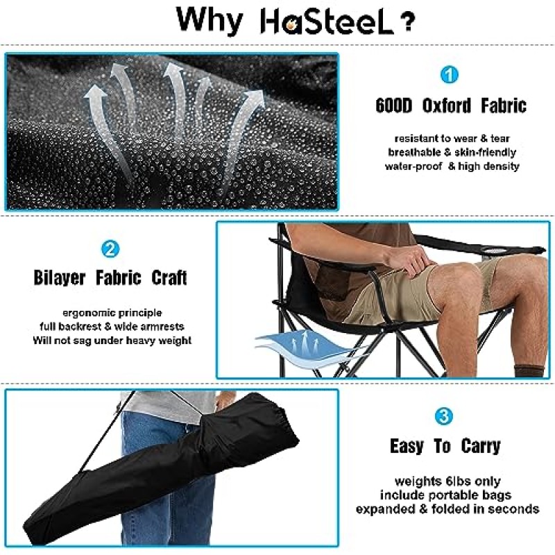 HaSteeL 접이식 캠핑 의자 2개 세트, 성인용 접이식 캠프 의자, 야외 낚시, 하이킹, 여행, 피크닉, 해변용 대형 휴대용 잔디 의자, 275lbs 지원 및 보관 가방 포함(검은색)