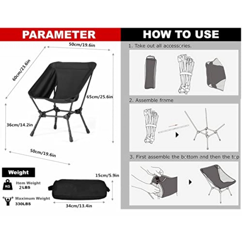 Ovyuzhen 휴대용 캠핑 의자, 접이식 의자는 사이드 포켓이 있는 330lbs를 지원합니다. 야외 낚시를 위한 경량 헤비 듀티 피크닉 해변 하이킹 배낭 여행