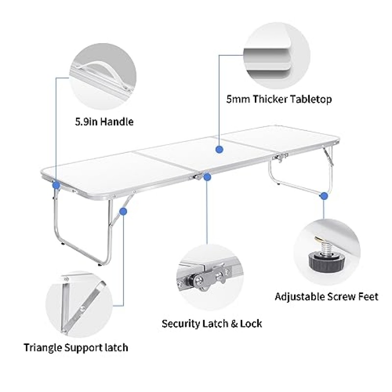 Moosinily 접이식 테이블 4피트 휴대용 피크닉 테이블 로우 비치 테이블 야외 실내 해변 여행용 그릴 바베큐 바베큐 화이트용 운반용 손잡이가 있는 접이식 경량 알루미늄 캠핑 테이블