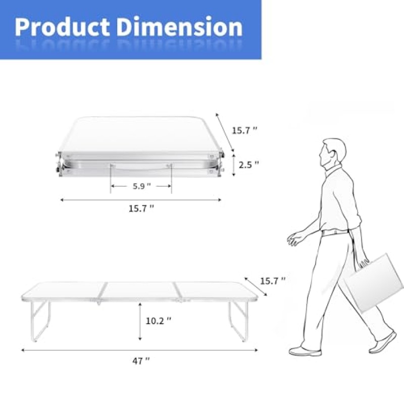 Moosinily 접이식 테이블 4피트 휴대용 피크닉 테이블 로우 비치 테이블 야외 실내 해변 여행용 그릴 바베큐 바베큐 화이트용 운반용 손잡이가 있는 접이식 경량 알루미늄 캠핑 테이블