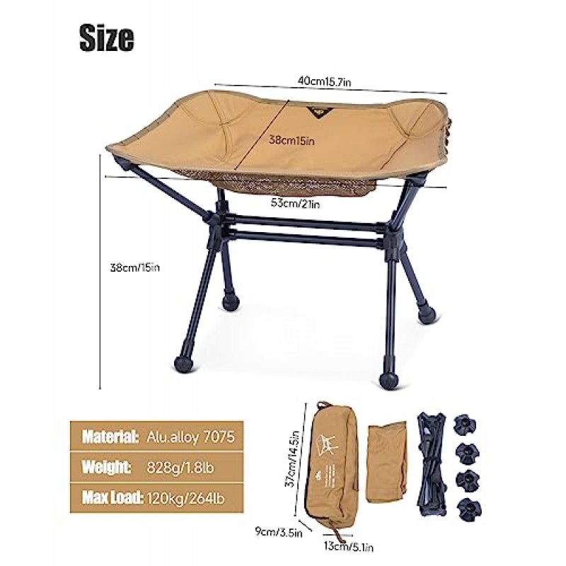 iClimb 초경량 컴팩트하고 편안한 침몰 방지 접이식 의자(성인용 캐리 백 포함) 야외 캠핑 하이킹 배낭 여행(브라운)
