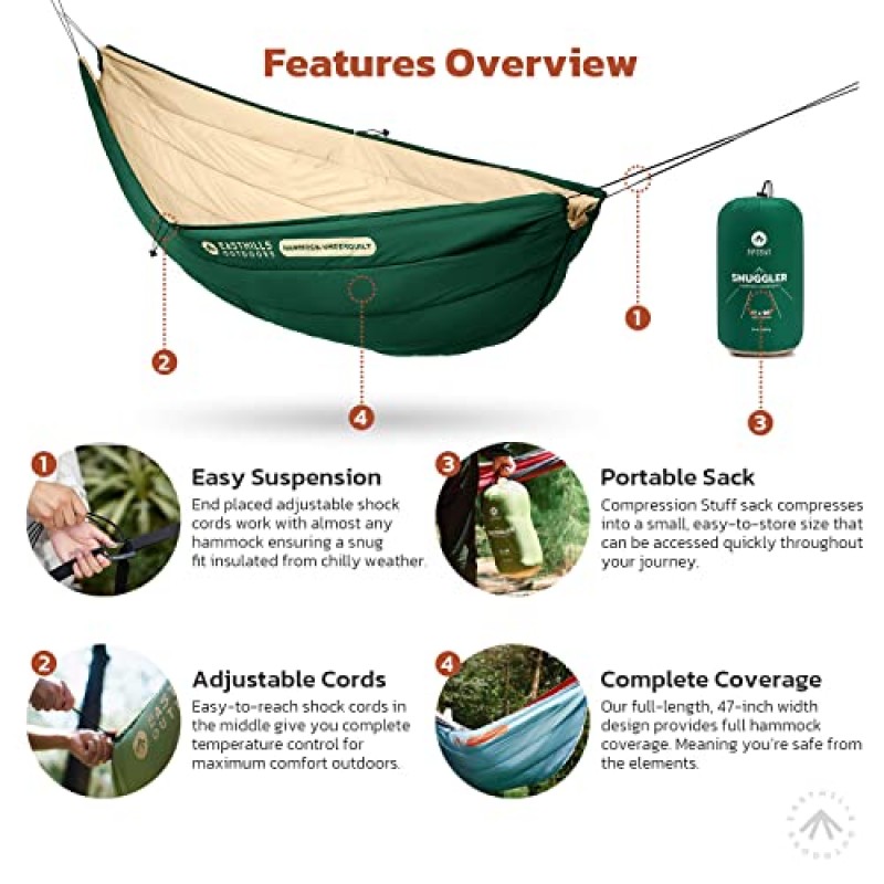 Easthills Outdoors Snuggler Hammock Underquilt - 해먹용 전장 언더퀼트, 캠핑, 백패킹, 하이킹을 위한 4계절 따뜻함 카키/라이트 그린