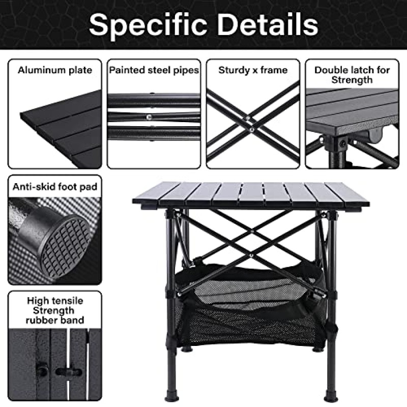 접이식 휴대용 피크닉 캠핑 테이블, 실내, 실외, 캠프, 해변, 파티, 바베큐를 위한 메쉬 보관 정리함 및 운반용 가방이 포함된 알루미늄 롤업 테이블