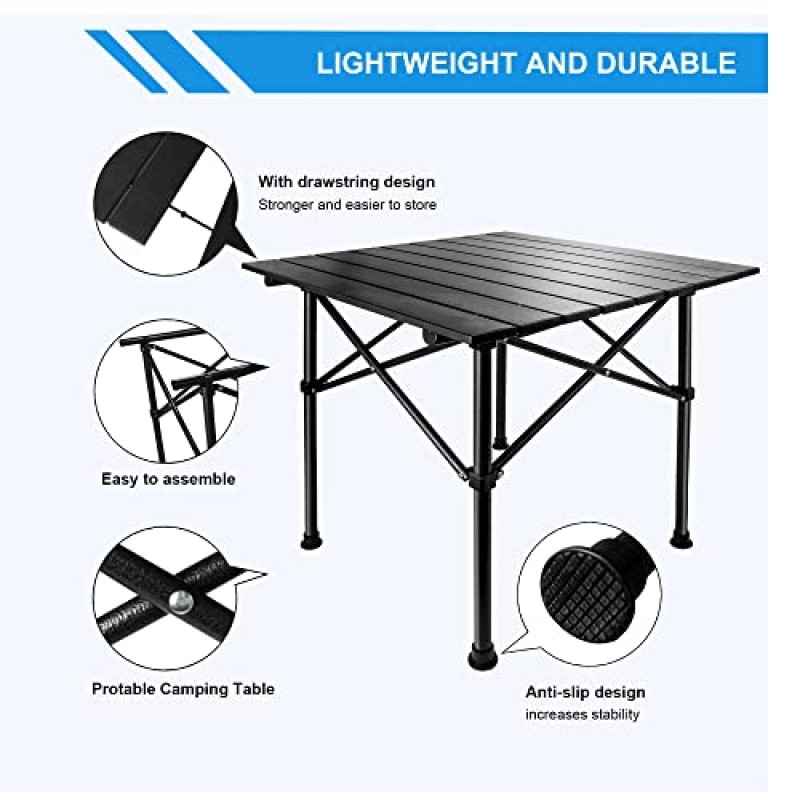 휴대용 캠핑 테이블, 가볍고 내구성이 뛰어난 접이식 테이블 - 조절 가능한 알루미늄 캠프 테이블, 야외 피크닉, 해변, 여행용 휴대용 가방이 있는 컴팩트한 디자인, 블랙