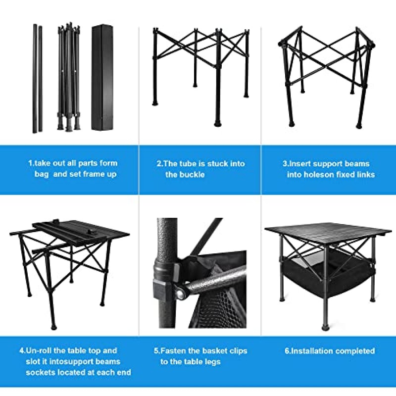 휴대용 캠핑 테이블, 가볍고 내구성이 뛰어난 접이식 테이블 - 조절 가능한 알루미늄 캠프 테이블, 야외 피크닉, 해변, 여행용 휴대용 가방이 있는 컴팩트한 디자인, 블랙