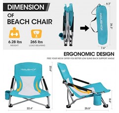 HAUSHOF 로우 비치 체어, 메쉬 백 접이식 의자, 컵 홀더가 있는 경량 로우 시트 캠핑 의자, 캐리 백, 패딩 처리된 팔걸이, 야외 해변 잔디 캠핑 피크닉 축제용