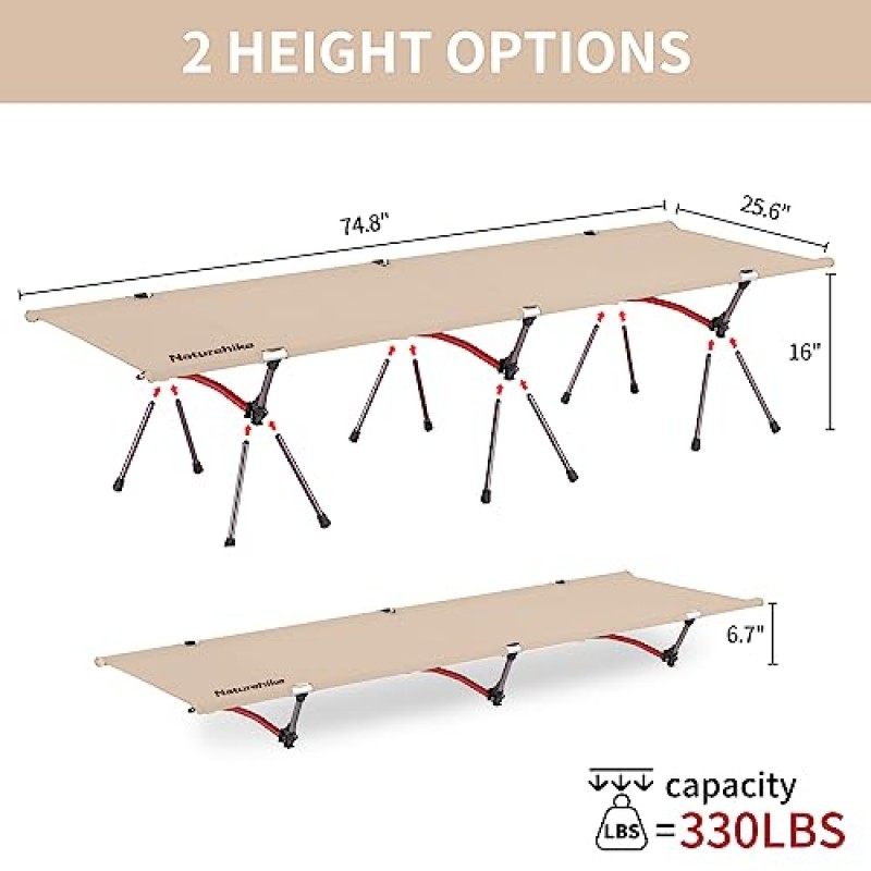 Naturehike ArmyWild 캠핑 침대(다리 확장 장치 포함), 초경량 접이식 배낭 침대, 330lbs 지원, 캠핑 하이킹 여행용 휴대용 캠핑 침대