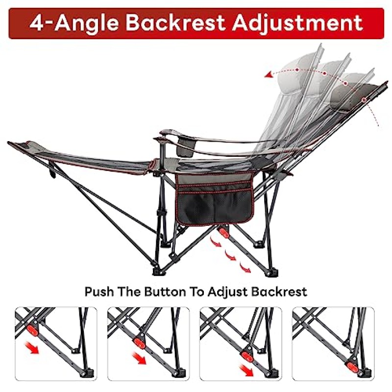 BiAYC 리클라이닝 캠핑 의자(탈착식 발판 포함) 라운지 의자(머리 받침대, 컵 홀더 및 보관 가방 포함), 성인용 접이식 의자