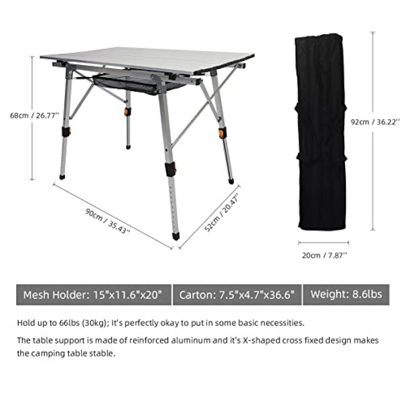 SHSYCER 휴대용, 메쉬 홀더가 있는 조절 가능한 높이 알루미늄 캠핑 테이블, 야외 캠프용 경량 알루미늄 롤업 테이블, 접이식 테이블
