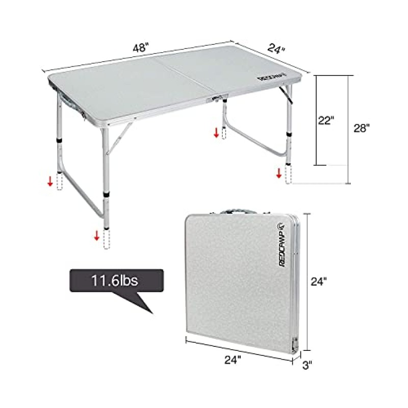 REDCAMP 알루미늄 캠핑 테이블 4피트, 휴대용 접이식 테이블 높이 조절 가능 피크닉 해변용 경량 야외 실내, 흰색 48 x 24인치