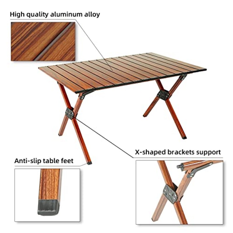 ROCK CLOUD 접이식 캠핑 테이블 알루미늄 휴대용 롤업 피크닉 테이블 4-6인 바베큐 뒷마당 파티오 파티, 34x24인치, 나뭇결