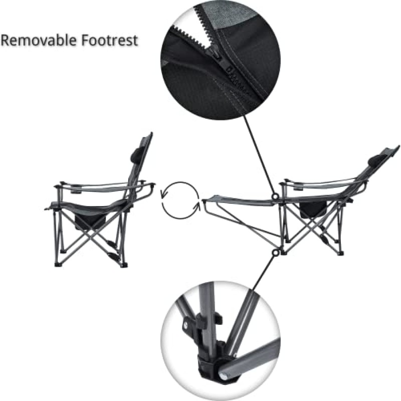 Suntime 조정 가능한 리클라이닝 라운지 메쉬 의자, 이동식 면 쿠션이 있는 휴대용 접이식 캠핑 의자, 발판, 스폰지 베개, 컵 홀더, 사이드 포켓, 휴대용 가방 - 그레이