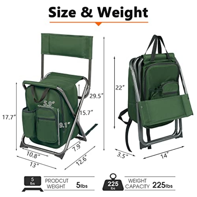 PORTAL 배낭 쿨러 의자 등받이가 있는 낚시 의자 접이식 캠핑 의자 야외 활동을 위한 컴팩트 하이킹 사냥 여행, 225파운드 지원