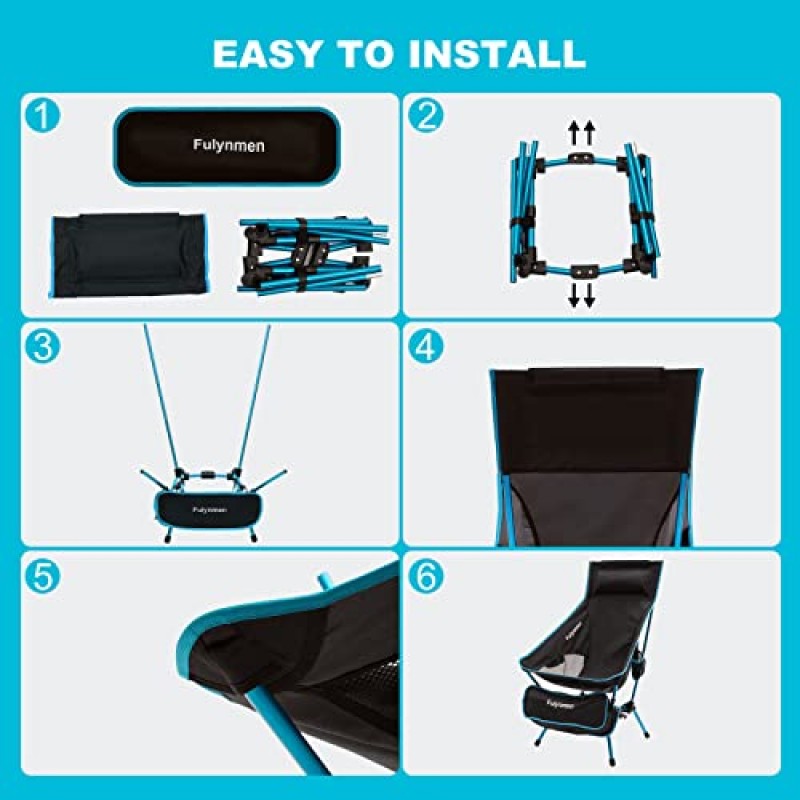 Fulynmen 2 팩 사이드 포켓이 있는 하이 백 접이식 캠핑 의자 머리 받침 운반 가방, 성인을 위한 400lbs 휴대용 해변 캠프 의자 지원 헤비 듀티 사람들 배낭 여행 하이킹 잔디 여행