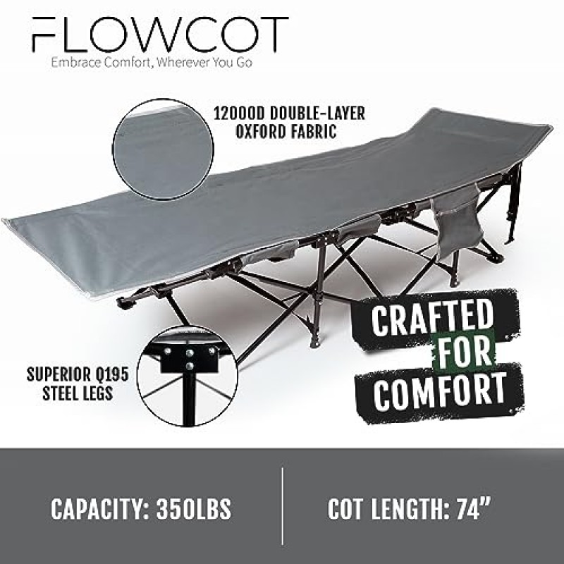 휴대용 가방과 사이드 포켓이 있는 FLOWCOT 접이식 캠핑 침대 - 성인용 휴대용 캠프 침대 - 성인용 수면 침대 헤비 듀티 - 실내, 실외, 해변, 바비큐, 하이킹, 사무실, 게스트 휴대용 침대