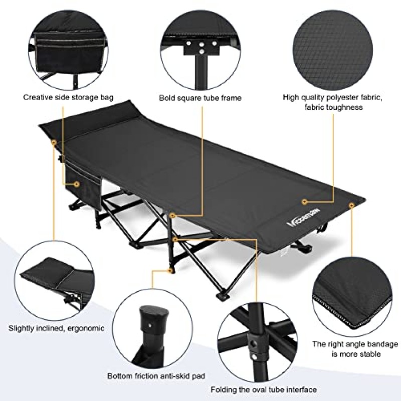 Nictemaw 캠핑 침대, 편안한 매트리스 포함 900 LBS 듀티 더블 레이어 옥스포드 야외/사무실/가정용 경량 휴대용 접이식 슬리핑 침대, 블랙