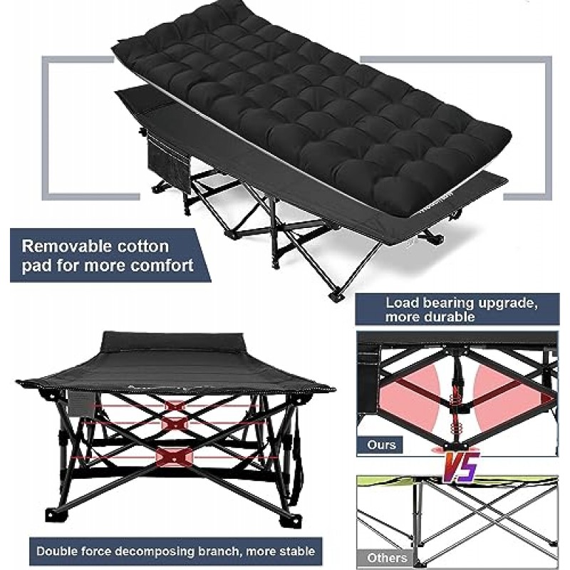 Nictemaw 캠핑 침대, 편안한 매트리스 포함 900 LBS 듀티 더블 레이어 옥스포드 야외/사무실/가정용 경량 휴대용 접이식 슬리핑 침대, 블랙