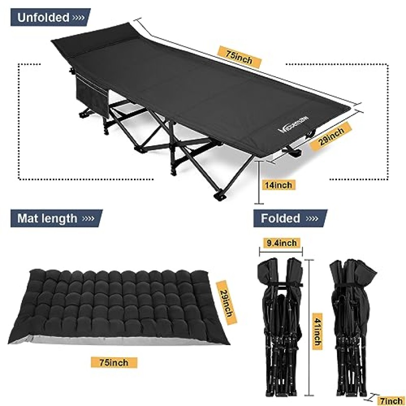 Nictemaw 캠핑 침대, 편안한 매트리스 포함 900 LBS 듀티 더블 레이어 옥스포드 야외/사무실/가정용 경량 휴대용 접이식 슬리핑 침대, 블랙