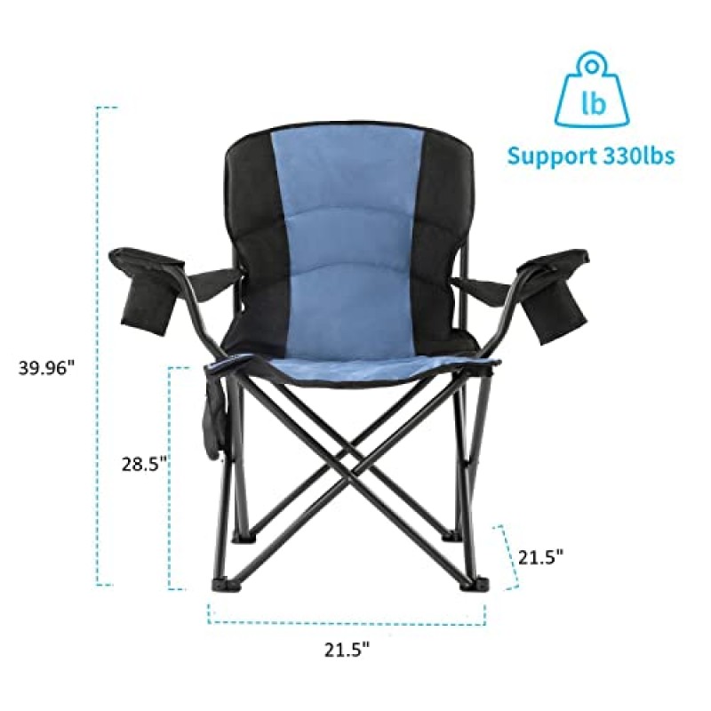 Lamberia 대형 휴대용 및 접이식, 컵 홀더 및 보관용 포켓 캐리 백이 있는 거대한 캠핑 의자, 튼튼한 강철 프레임, 야외용 패딩 의자