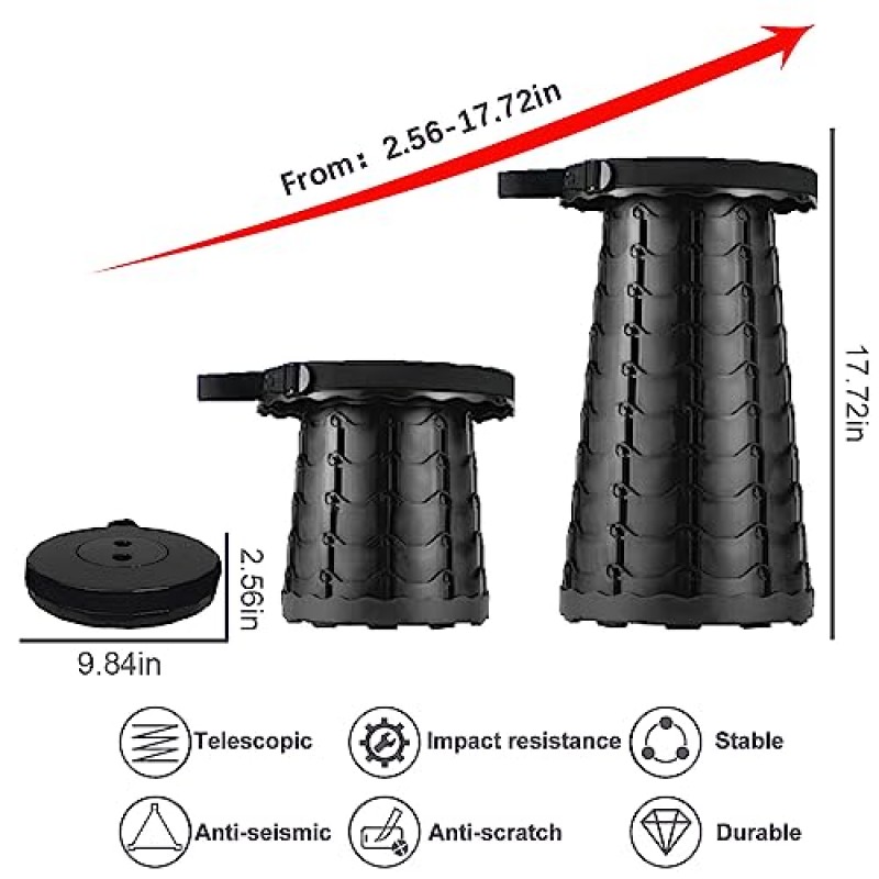 접이식 스툴 경량 휴대용 접이식 스툴은 최대 440lbs까지 수용 가능 최대 높이 17.72인치의 소형 접이식 스툴, 텔레스코픽 스툴 캠핑 낚시 하이킹 BBQ를 위한 손쉬운 설정(블랙)