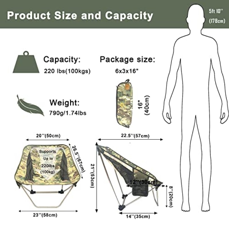 EASDRIL 초경량 접이식 캠핑 의자 - 하이킹, 배낭 여행, 피크닉, 야외 콘서트, 스포츠 이벤트용 휴대용 가방이 포함된 790g 로우 프로파일 접이식 캠프 의자