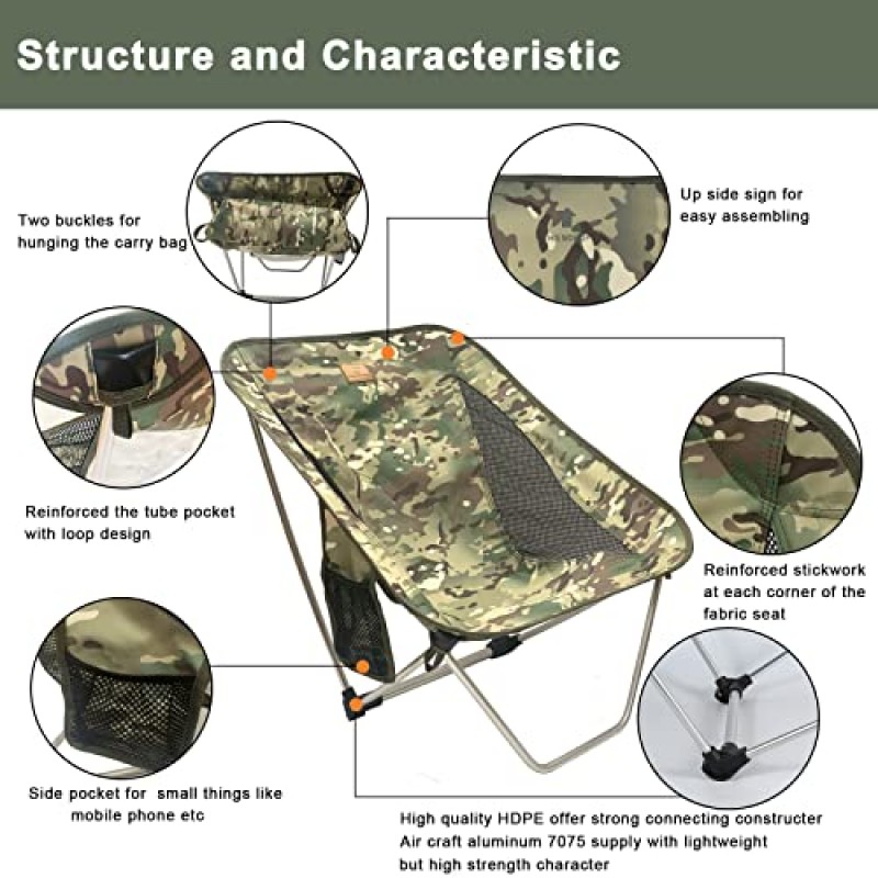 EASDRIL 초경량 접이식 캠핑 의자 - 하이킹, 배낭 여행, 피크닉, 야외 콘서트, 스포츠 이벤트용 휴대용 가방이 포함된 790g 로우 프로파일 접이식 캠프 의자