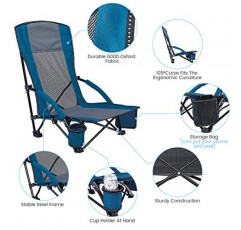 XGEAR 하이백 로우 시트 접이식 해변 의자(컵 홀더 및 휴대용 가방 포함), 해변용 메쉬 백 모래 의자, 잔디밭, 캠핑, 여행, 최대 300파운드 지원(의자 블루 1개)