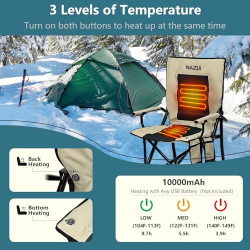 NAIZEA 온열 캠핑 의자, 대형 휴대용 캠핑 의자 온열 의자 패딩 캠프 의자, 야외 접이식 의자 스포츠 의자 야외 의자 잔디 의자 비치 의자