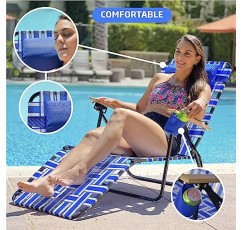EasyGo 제품 웨빙 강철 긴 의자 잔디 의자 접이식 야외 파티오 캠핑용 뒷마당 수영장 나무 손잡이, 1팩 라운지 블루