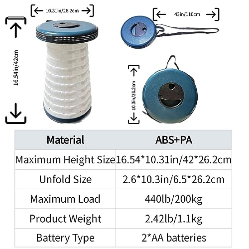 Ladison 접을 수있는 Anti-Stuck Stool 휴대용 의자 접이식 의자 LED 조명 부하 용량 440lbs 야외 캠핑 하이킹 바베큐 여행 낚시 야외 실내 (파란색)