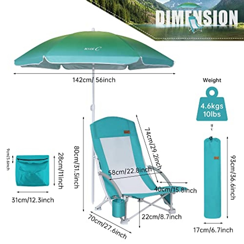 Nice C 비치 체어, 우산과 쿨러가 포함된 성인용 비치 체어, 하이백, 컵 홀더 & 캐리 백 & 헤비듀티 컴팩트 아웃도어, 캠핑(블루 2개 세트)